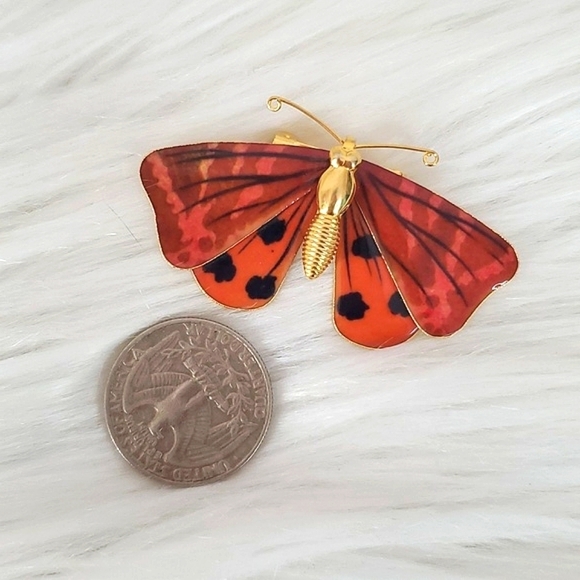 Vintage Dainty Orange Red Gold Tone Butterfly Unsigned Brooch Pin Jewelry - Picture 5 of 12